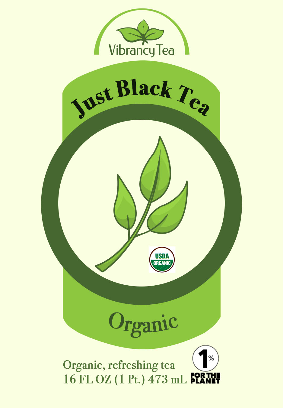 Logo for a fake company called Vibrancy Tea Lab. It is for black tea.
